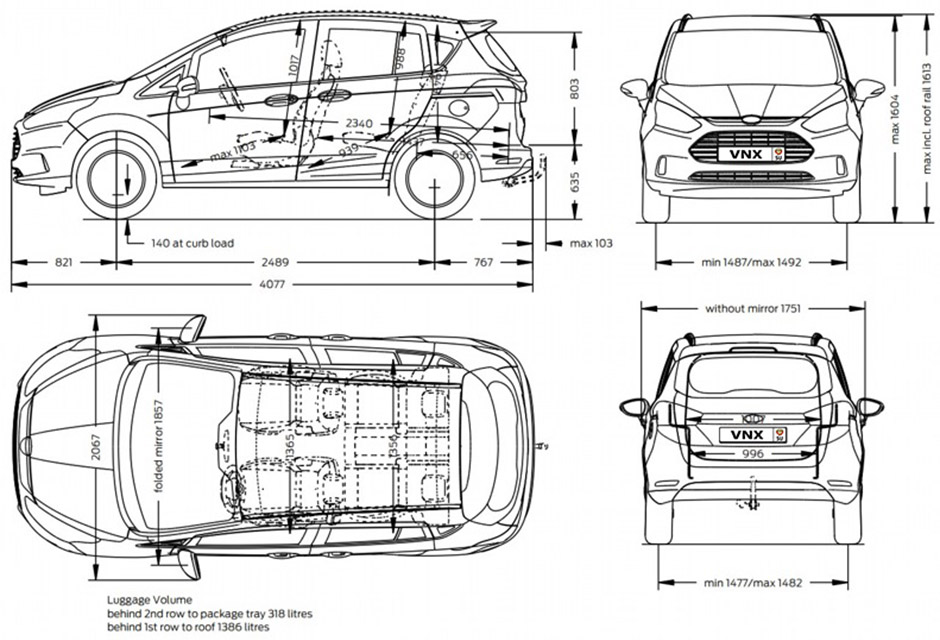 Габаритные размеры Форд Би-Макс с 2012 (dimensions Ford B-Max)